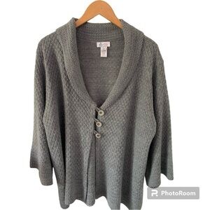 Denim & Co. Three Button Gray Knit 3/4 Sleeve Shawl Collar Cardigan XL Sweater